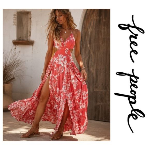 Free People Dresses & Skirts - Free People Red Floral Lille Halter Cutout Tie Back Flowy Boho Maxi Dress S